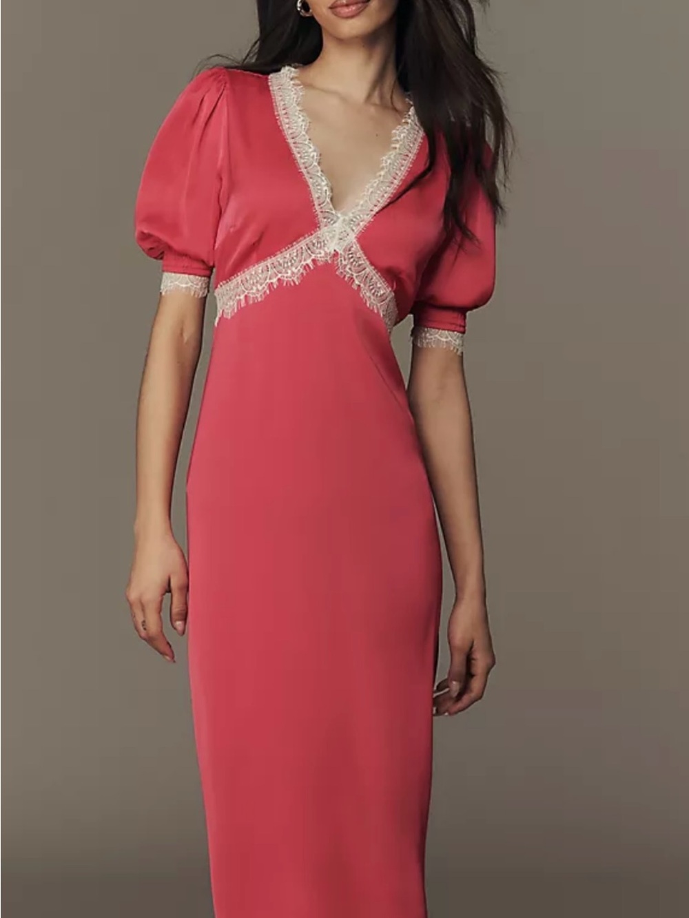 By Anthropologie: V-Neck Lace-Trim Midi Dress with Puff Sleeves